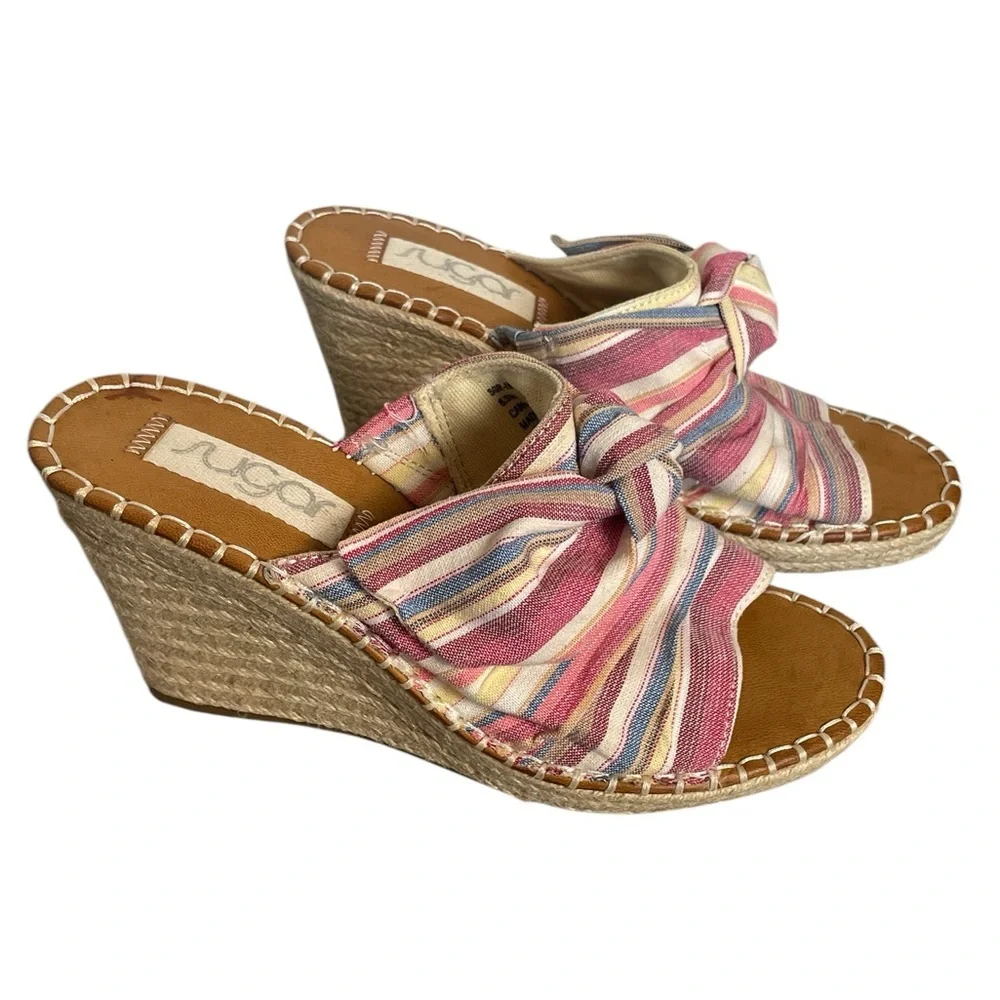 Sugar Hundreds Wedge Sandals Fabric Natural Multicolor Beach Stripe Size 8.5